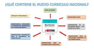 PERFIL DE EGRESO
ORIENTACIONES PEDAGÓGICAS
PARA EL DESARROLLO DE
COMPETENCIAS.
ENFOQUES TRANSVERSALES
ORGANIZACIÓN DE LA
EDUCACIÓN BÁSICA Y SUS
PLANES DE ESTUDIO.
DEFINICIONES CLAVES
COMPETENCIAS, CAPACIDADES
Y ESTANDARES DE APRENDIZAJE
DE LA EDUCACIÓN BÁSICA.
ORIENTACIONES PARA LA
EVALUACIÓN FORMATIVA DE
LAS COMPETENCIAS.
ORIENTACIONES PARA LA
DIVERSIFICACIÓN CURRICULAR.
 