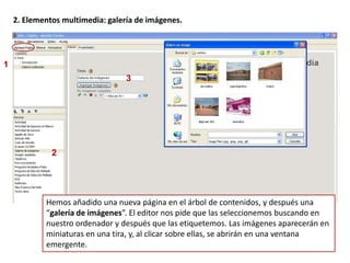 Para incluir una actividad en la página que estamos componiendo, basta con hacer doble clic sobre el nombre en el panel del repertorio de herramientas de edición. Tipos de herramientas:1. Elementos de presentación de los contenidosSe trata de elementos gráficos que permiten destacar fragmentos concretos de texto en una página. ObjetivosPreconocimiento2. Adjuntar otros elementos multimediaGalería de imágenesImagen ampliadaApplet de Java3. Agregar elementos externosArtículo de WikipediaRSS4. ActividadesActividad de lecturaEstudio de casoReflexión5. Preguntas y juegosActividad de espacios en blancoPregunta elección múltiplePregunta verdadero falsoExamen SCORMAdemás, con el editor HTML podemos dar formato al texto e insertar todo tipo de recursos multimedia. Podemos encontrar este elemento en el módulo Texto libre integrado en todas las demás herramientas