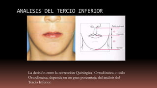 ANALISIS DEL TERCIO INFERIOR
La decisión entre la corrección Quirúrgica- Ortodóncica, o sólo
Ortodóncica, depende en un gran porcentaje, del análisis del
Tercio Inferior.
 