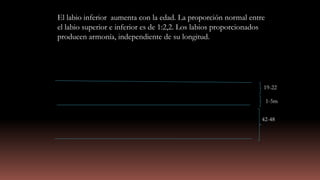 19-22
1-5m
42-48
El labio inferior aumenta con la edad. La proporción normal entre
el labio superior e inferior es de 1:2,2. Los labios proporcionados
producen armonía, independiente de su longitud.
 