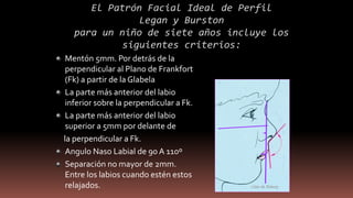 El Patrón Facial Ideal de Perfil
Legan y Burston
para un niño de siete años incluye los
siguientes criterios:
Mentón 5mm. Por detrás de la
perpendicular al Plano de Frankfort
(Fk) a partir de la Glabela
La parte más anterior del labio
inferior sobre la perpendicular a Fk.
La parte más anterior del labio
superior a 5mm por delante de
la perpendicular a Fk.
Angulo Naso Labial de 90 A 110º
Separación no mayor de 2mm.
Entre los labios cuando estén estos
relajados. Atlas de Rakosy
 