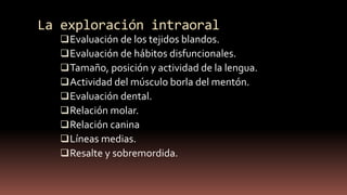 La exploración intraoral
Evaluación de los tejidos blandos.
Evaluación de hábitos disfuncionales.
Tamaño, posición y actividad de la lengua.
Actividad del músculo borla del mentón.
Evaluación dental.
Relación molar.
Relación canina
Líneas medias.
Resalte y sobremordida.
 
