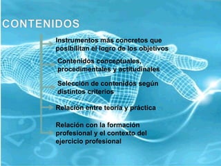 Instrumentos más concretos que posibilitan el logro de los objetivos Contenidos conceptuales, procedimentales y actitudinales Selección de contenidos según distintos criterios Relación entre teoría y práctica Relación con la formación profesional y el contexto del ejercicio profesional 