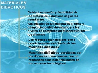 Calidad, extensión y flexibilidad de los materiales didácticos según los estudiantes  Adecuación de los materiales al ritmo y tiempo disponible de estudio y a los niveles de comprensión alcanzables por los alumnos Los recursos tecnológicos como condicionantes del diseño de los materiales didácticos Materiales didácticos  percibidos por los docentes como lineales que no responden a las potencialidades de los recursos tecnológicos 