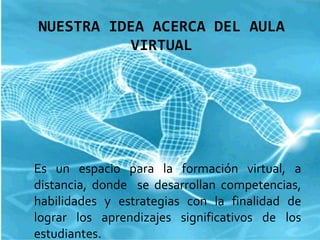 NUESTRA IDEA ACERCA DEL AULA VIRTUAL Es un espacio para la formación virtual, a distancia, donde  se desarrollan competencias, habilidades y estrategias con la finalidad de lograr los aprendizajes significativos de los estudiantes. 