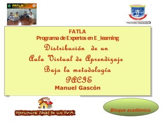 FATLA Programa de Expertos en E_learning Distribución  de un  Aula Virtual de Aprendizaje  Bajo la metodología PACIE Manuel Gascón Bloque académico   