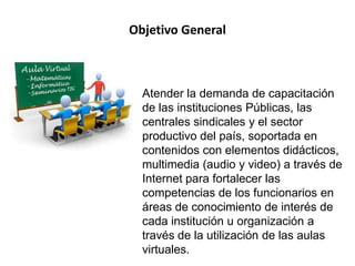 Objetivo General
Atender la demanda de capacitación
de las instituciones Públicas, las
centrales sindicales y el sector
productivo del país, soportada en
contenidos con elementos didácticos,
multimedia (audio y video) a través de
Internet para fortalecer las
competencias de los funcionarios en
áreas de conocimiento de interés de
cada institución u organización a
través de la utilización de las aulas
virtuales.