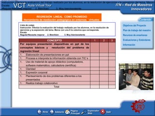 Lista de cotejo
Instrucción: Efectúa la evaluación del trabajo realizado por los alumnos, en la resolución de ejercicios y la exposición del tema. Marca c
Escala:   VCT           Aula Virtual Tour                                                              ITN – Red de Maestros
•Regular/Necesita mejorar 2. Bien/bien           3. Muy bien/excelente                                               Innovadores

                   e - Publicidad COMOen entornos virtuales
                            REGRESIÓN LINEAL
                   Herramienta de mediación pedagógica
                                                       PROMEDIO
                                                                                                                                      Contenido
                Lista de cotejo                                                                                        Objetivos del Proyecto
                Instrucción: Efectúa la evaluación del trabajo realizado por los alumnos, en la resolución de
                ejercicios y la exposición del tema. Marca con una X la columna que corresponda.                       Plan de trabajo del maestro
                Escala:
                Regular/Necesita mejorar 2. Bien/bien          3. Muy bien/excelente                                   Recursos de enseñanza

                                      CONCEPTO                                               1         2           3   Evaluaciones y Estándares
                Por equipos presentarán diapositivas en ppt de los                                                     Información
                conceptos básicos y resolución del problema de
                regresión lineal
                1. Elaboración de presentaciones en ppt
                1. Procesa e interpreta la información obtenida con TIC´s
                1. Uso de material de apoyo didáctico (computadora,
                     software matemático, calculadora científica)
                1. Claridad
                1. Expresión corporal
                1. Planteamiento de dos problemas diferentes a los
                     presentados
                1. Realiza trabajo colaborativo
                                            Total




                                                                     Página            Explorador
                                       Atras        Adelante                                               Salir
                                                                     Principal         Web
 