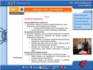 VCT Aula Virtual Tour                                                             ITN – Red de Maestros
                                                                                           Innovadores
                           REGRESIÓN LINEAL COMO PROMEDIO
     e - Publicidad
                  Herramienta de mediación pedagógica en entornos virtuales                          Contenido

                                                                                      Objetivos del Proyecto
                                               Tarea
                  Competencias genéricas                                              Plan de trabajo del maestro
                                                                                      Recursos de enseñanza
                  Se auto determina y cuida de sí
                  1. Se conoce y valora a sí mismo y aborda problemas y retos         Evaluaciones y Estándares
                      teniendo en cuenta objetivos que persigue.                      Información
                         •       Enfrenta las dificultades que se le presentan y es
                            consciente de sus valores, fortalezas y debilidades.
                  Se expresa y se comunica
                  4. Escucha, interpreta y emite mensajes pertinentes en distintos
                      contextos mediante la utilización de medios, códigos y
                      herramientas apropiados.
                         • Expresa ideas y conceptos mediante representaciones
                            lingüísticas, matemáticas o gráficas.
                         • Identifica las ideas clave en un texto o discurso oral e
                            infiere conclusiones a partir de éstas.
                         • Maneja las tecnologías de la información y la
                            comunicación para obtener información y expresar
                            ideas..
                  Piensa crítica y reflexivamente
                  7. Aprende por iniciativa e interés propio a lo largo de la vida.
                         • Define metas y da seguimiento a sus procesos de
     Documentos             construcción de conocimiento.
                         • Articula saberes de diversos campos y establece
                            relaciones entre ellos y su vida cotidiana.


                                           Página         Explorador
                   Atras      Adelante                                    Salir
                                           Principal      Web
 