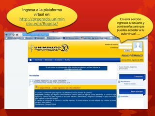 Ingresa a la plataforma
       virtual en:
http://pregrado.unimin        En esta sección
   uto.edu/Bogota/         ingresas tu usuario y
                           contraseña para que
                           puedas acceder a tu
                               aula virtual ….
 