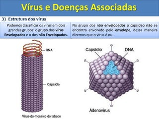 Vírus e Doenças Associadas
3) Estrutura dos vírus
Podemos classificar os vírus em dois
grandes grupos: o grupo dos vírus
Envelopados e o dos não Envelopados.
No grupo dos não envelopados o capsídeo não se
encontra envolvido pelo envelope, dessa maneira
dizemos que o vírus é nu.
 