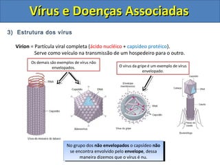 Vírus e Doenças AssociadasVírus e Doenças Associadas
3) Estrutura dos vírus
Vírion = Partícula viral completa (ácido nucléico + capsídeo protéico).
Serve como veículo na transmissão de um hospedeiro para o outro.
Existem vírus de diferentes formas geométricas
(helicoidais, poliédricos, icosaédricos,
cilíndricos...)
Existem vírus de diferentes formas geométricas
(helicoidais, poliédricos, icosaédricos,
cilíndricos...)
Podemos classificar os vírus em dois grandes
grupos: o grupo dos vírus Envelopados e o dos
não Envelopados.
Podemos classificar os vírus em dois grandes
grupos: o grupo dos vírus Envelopados e o dos
não Envelopados.
No grupo dos vírus envelopados o capsídeo é
coberto pelo envelope que é formado quando o
vírus é exocitado da célula hospedeira.
No grupo dos vírus envelopados o capsídeo é
coberto pelo envelope que é formado quando o
vírus é exocitado da célula hospedeira.
Dessa maneira, o envelope é formado por uma
porção da membrana citoplasmática da célula
hospedeira.
Dessa maneira, o envelope é formado por uma
porção da membrana citoplasmática da célula
hospedeira.
No grupo dos não envelopados o capsídeo não
se encontra envolvido pelo envelope, dessa
maneira dizemos que o vírus é nu.
No grupo dos não envelopados o capsídeo não
se encontra envolvido pelo envelope, dessa
maneira dizemos que o vírus é nu.
O vírus da gripe é um exemplo de vírus
envelopado.
Os demais são exemplos de vírus não
envelopados.
 