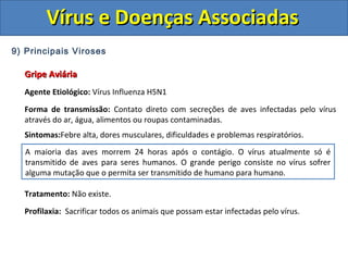 Vírus e Doenças AssociadasVírus e Doenças Associadas
9) Principais Viroses
Gripe AviáriaGripe Aviária
Agente Etiológico: Vírus Influenza H5N1
Forma de transmissão: Contato direto com secreções de aves infectadas pelo vírus
através do ar, água, alimentos ou roupas contaminadas.
Sintomas:Febre alta, dores musculares, dificuldades e problemas respiratórios.
Tratamento: Não existe.
Profilaxia: Sacrificar todos os animais que possam estar infectadas pelo vírus.
A maioria das aves morrem 24 horas após o contágio. O vírus atualmente só é
transmitido de aves para seres humanos. O grande perigo consiste no vírus sofrer
alguma mutação que o permita ser transmitido de humano para humano.
 