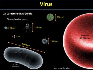 Vírus
2) Características Gerais
Tamanho dos vírus
Tamanho dos vírus
225 nm
300 nm
90 nm
150 nm
Hemácia
10.000 nm
E. Coli
(bactéria)
24 nm
nm = nanômetro
 