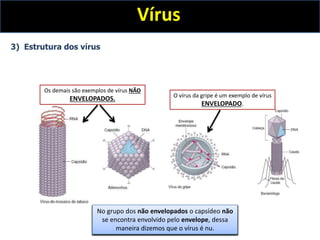 Vírus
3) Estrutura dos vírus
Existem vírus de diferentes formas geométricas
(helicoidais, poliédricos, icosaédricos,
cilíndricos...)
Podemos classificar os vírus em dois grandes
grupos: o grupo dos vírus Envelopados e o dos
não Envelopados.
No grupo dos vírus envelopados o capsídeo é
coberto pelo envelope que é formado quando o
vírus é exocitado da célula hospedeira.
Dessa maneira, o envelope é formado por uma
porção da membrana citoplasmática da célula
hospedeira.
No grupo dos não envelopados o capsídeo não
se encontra envolvido pelo envelope, dessa
maneira dizemos que o vírus é nu.
O vírus da gripe é um exemplo de vírus
ENVELOPADO.
Os demais são exemplos de vírus NÃO
ENVELOPADOS.
 