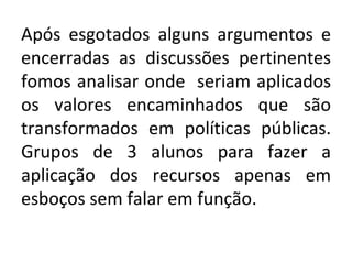 Após esgotados alguns argumentos e encerradas as discussões pertinentes fomos analisar onde  seriam aplicados os valores encaminhados que são transformados em políticas públicas. Grupos de 3 alunos para fazer a aplicação dos recursos apenas em esboços sem falar em função.  