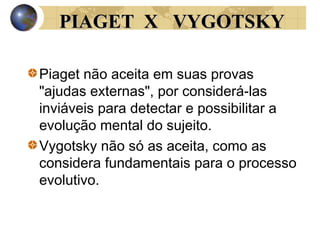 PIAGET X VYGOTSKY
Piaget não aceita em suas provas
"ajudas externas", por considerá-las
inviáveis para detectar e possibilitar a
evolução mental do sujeito.
Vygotsky não só as aceita, como as
considera fundamentais para o processo
evolutivo.

 