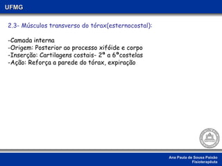 Ana Paula de Sousa Paixão Fisioterapêuta UFMG 2.3- Músculos transverso do tórax(esternocostal): -Camada interna -Origem: Posterior ao processo xifóide e corpo -Inserção: Cartilagens costais- 2ª a 6ªcostelas  -Ação: Reforça a parede do tórax, expiração 