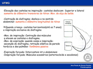 Ana Paula de Sousa Paixão Fisioterapêuta UFMG -Elevação das costelas na inspiração- costelas deslocam- Superior e lateral aumento do diâmetro transverso do tórax: Mov. de alça de balde -Contração do diafragma: desloca-o no sentido abdominal-  aumenta o diâmetro longitudinal do tórax Quando criança- costelas horizontais(até os 7 anos): a inspiração exclusiva do diafragma -Mov. de inspiração: Contração dos músculos q elevam as costelas e diafragma. -Mov. de expiração: quando cessa a inspiração- ascenção do diafragma, retração elástica da parede  torácica e dos pulmões-  fenômeno passivo   -Expiração forçada: Intercostais int e abdominais -Inspiração forçada: Músculos acessórios (esternocleido e escalenos) 