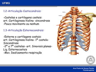 Ana Paula de Sousa Paixão Fisioterapêuta UFMG 1.2-Articulação Costocondrais: -Costelas e cartilagens costais:  art. Cartilaginosa hialina- sincondrose -Pouco movimento ou nenhum 1.3-Articulação Esternocondrais: -Esterno e cartilagens costais:  art. Cartilaginosa hialina- 1ª costela- Sincondrose -2ª a 7ª costelas- art. Sinoviais planas- Lig. Esternocostais -Mov. Deslizamento-respiração 