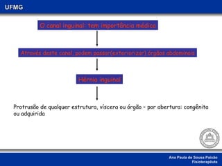 Ana Paula de Sousa Paixão Fisioterapêuta UFMG O canal inguinal: tem importância médica Através deste canal, podem passar(exteriorizar) órgãos abdominais Hérnia inguinal Protrusão de qualquer estrutura, víscera ou órgão – por abertura: congênita ou adquirida 
