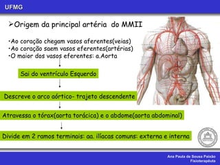 Ana Paula de Sousa Paixão Fisioterapêuta UFMG Origem da principal artéria  do MMII Ao coração chegam vasos aferentes(veias) Ao coração saem vasos eferentes(artérias)  O maior dos vasos eferentes: a.Aorta Sai do ventrículo Esquerdo Descreve o arco aórtico- trajeto descendente Atravessa o tórax(aorta torácica) e o abdome(aorta abdominal) Divide em 2 ramos terminais: aa. ilíacas comuns: externa e interna 