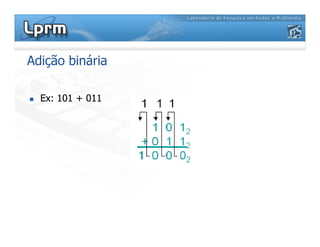 Adição binária
 Ex: 101 + 011
 