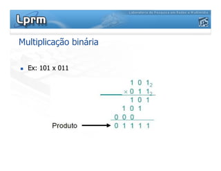Multiplicação binária
 Ex: 101 x 011
 