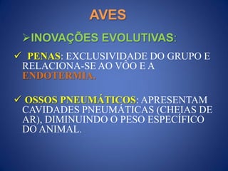 AVES
 PENAS: EXCLUSIVIDADE DO GRUPO E
RELACIONA-SE AO VÔO E A
ENDOTERMIA.
 OSSOS PNEUMÁTICOS: APRESENTAM
CAVIDADES PNEUMÁTICAS (CHEIAS DE
AR), DIMINUINDO O PESO ESPECÍFICO
DO ANIMAL.
INOVAÇÕES EVOLUTIVAS:
 
