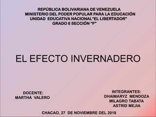 EL EFECTO INVERNADERO
REPÚBLICA BOLIVARIANA DE VENEZUELA
MINISTERIO DEL PODER POPULAR PARA LA EDUCACIÓN
UNIDAD EDUCATIVA N...