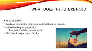 WHAT DOES THE FUTURE HOLD
• Build on success
• Continue to promote innovative and collaborative solutions
• Understanding ‘employability’
• Reacting to/capitalising on new trends
• Maintain dialogue across faculty
 