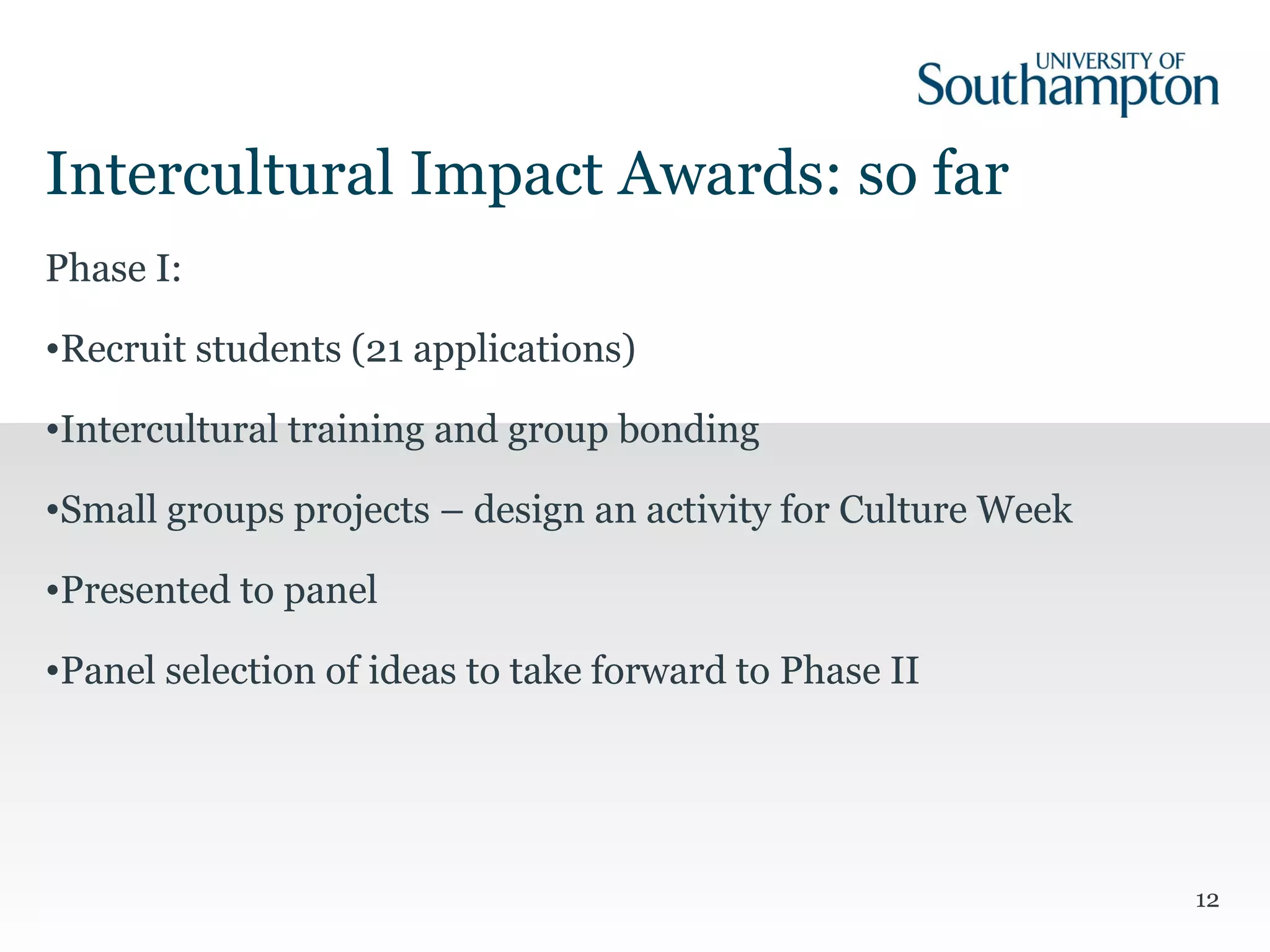 12
Phase I:
•Recruit students (21 applications)
•Intercultural training and group bonding
•Small groups projects – design an activity for Culture Week
•Presented to panel
•Panel selection of ideas to take forward to Phase II
Intercultural Impact Awards: so far
 