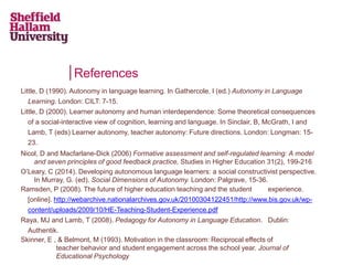 References
Little, D (1990). Autonomy in language learning. In Gathercole, I (ed.) Autonomy in Language
Learning. London: CILT: 7-15.
Little, D (2000). Learner autonomy and human interdependence: Some theoretical consequences
of a social-interactive view of cognition, learning and language. In Sinclair, B, McGrath, I and
Lamb, T (eds) Learner autonomy, teacher autonomy: Future directions. London: Longman: 15-
23.
Nicol, D and Macfarlane-Dick (2006) Formative assessment and self-regulated learning: A model
and seven principles of good feedback practice, Studies in Higher Education 31(2), 199-216
O’Leary, C (2014). Developing autonomous language learners: a social constructivist perspective.
In Murray, G. (ed). Social Dimensions of Autonomy. London: Palgrave, 15-36.
Ramsden, P (2008). The future of higher education teaching and the student experience.
[online]. http://webarchive.nationalarchives.gov.uk/20100304122451/http://www.bis.gov.uk/wp-
content/uploads/2009/10/HE-Teaching-Student-Experience.pdf
Raya, MJ and Lamb, T (2008). Pedagogy for Autonomy in Language Education. Dublin:
Authentik.
Skinner, E , & Belmont, M (1993). Motivation in the classroom: Reciprocal effects of
teacher behavior and student engagement across the school year. Journal of
Educational Psychology
 