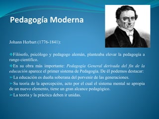 Pedagogía Moderna
Johann Herbart (1776-1841):
❖Filósofo, psicólogo y pedagogo alemán, planteaba elevar la pedagogía a
rango científico.
❖En su obra más importante: Pedagogía General derivada del fin de la
educación aparece el primer sistema de Pedagogía. De él podemos destacar:
➢La educación es dueña soberana del porvenir de las generaciones.
➢Su teoría de la apercepción, acto por el cual el sistema mental se apropia
de un nuevo elemento, tiene un gran alcance pedagógico.
➢La teoría y la práctica deben ir unidas.
 