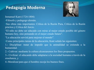 Pedagogía Moderna
Inmanuel Kant (1724-1804)
▪Filósofo y pedagogo alemán.
▪Sus obras más importantes: Crítica de la Razón Pura, Crítica de la Razón
práctica y Crítica del Juicio.
“El niño no debe ser educado con miras al mejor estado posible del género
humano hoy, sino pensando en el mejor estado futuro”.
“La educación servirá para mejorar el mundo”.
▪Como principales tareas de la educación, Kant señala las siguientes:
1.- Disciplinar: tratar de impedir que la animalidad se extienda a la
humanidad.
2.- Cultivar: mediante la cultura alcanzaremos los fines propuestos.
3.- Civilizar: el educando debe adaptarse a la sociedad humana a través de la
enseñanza, y
4.-Moralizar:para que el hombre escoja los buenos fines.
 