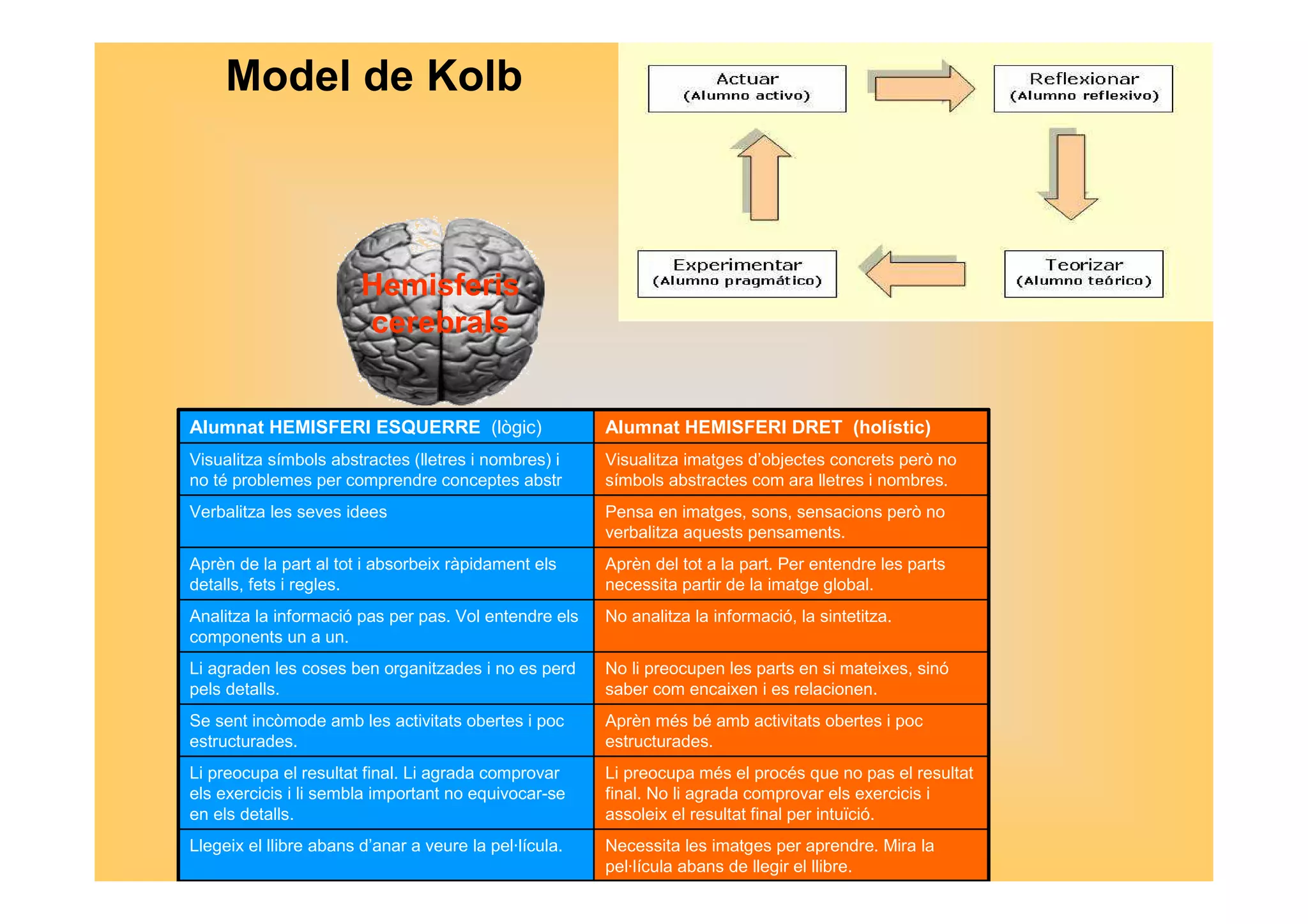 Model de Kolb 
Hemisferis 
cerebrals 
Alumnat HEMISFERI ESQUERRE (lògic) Alumnat HEMISFERI DRET (holístic) 
No analitza la informació, Analitza la informació pas per pas. Vol entendre els la sintetitza. 
components un a un. 
Necessita les imatges per aprendre. Mira la 
pel·lícula abans de llegir el llibre. 
Llegeix el llibre abans d’anar a veure la pel·lícula. 
Li preocupa més el procés que no pas el resultat 
final. No li agrada comprovar els exercicis i 
assoleix el resultat final per intuïció. 
Li preocupa el resultat final. Li agrada comprovar 
els exercicis i li sembla important no equivocar-se 
en els detalls. 
Aprèn més bé amb activitats obertes i poc 
estructurades. 
Se sent incòmode amb les activitats obertes i poc 
estructurades. 
No li preocupen les parts en si mateixes, sinó 
saber com encaixen i es relacionen. 
Li agraden les coses ben organitzades i no es perd 
pels detalls. 
Aprèn del tot a la part. Per entendre les parts 
necessita partir de la imatge global. 
Aprèn de la part al tot i absorbeix ràpidament els 
detalls, fets i regles. 
Pensa en imatges, sons, sensacions però no 
verbalitza aquests pensaments. 
Verbalitza les seves idees 
Visualitza imatges d’objectes concrets però no 
símbols abstractes com ara lletres i nombres. 
Visualitza símbols abstractes (lletres i nombres) i 
no té problemes per comprendre conceptes abstr 
 