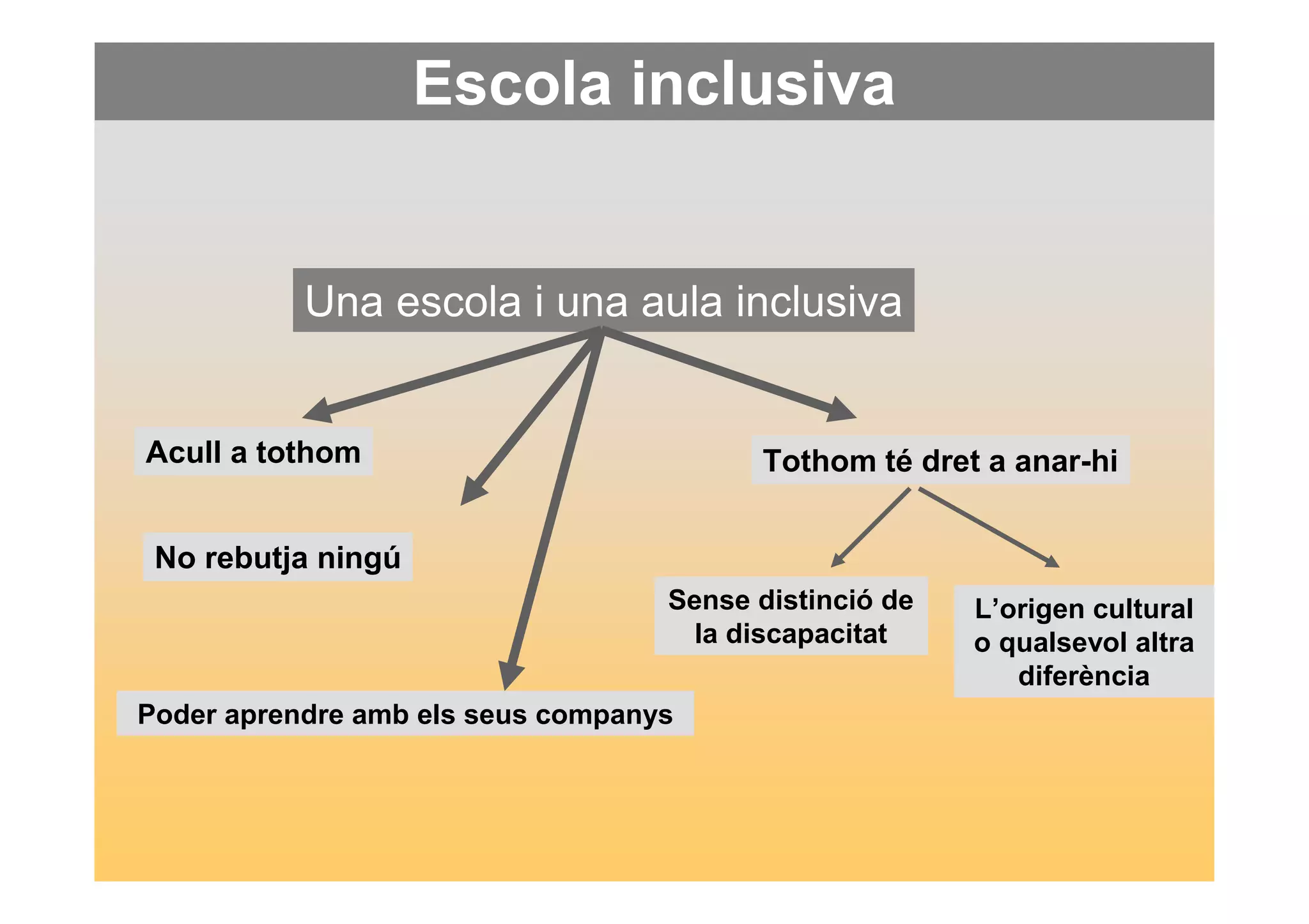 Escola inclusiva 
Una escola i una aula inclusiva 
Acull a tothom 
No rebutja ningú 
Tothom té dret a anar-hi 
Sense distinció de 
la discapacitat 
L’origen cultural 
o qualsevol altra 
diferència 
Poder aprendre amb els seus companys 
 