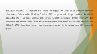 Satu buah molekul CFC memiliki masa hidup 50 hingga 100 tahun dalam atmosfer sebelum
dihapuskan. Dalam waktu kira-kira 5 tahun, CFC bergerak naik dengan perlahan ke dalam
stratosfer (10 – 50 km). Molekul CFC terurai setelah bercampur dengan sinar UV, dan
membebaskan atom KLORIN. Atom klorin ini berupaya memusnahkan ozon dan menghasilkan
LUBANG OZON. Penipisan lapisan ozon akan menyebabkan lebih banyak sinar UV memasuki
bumi
 