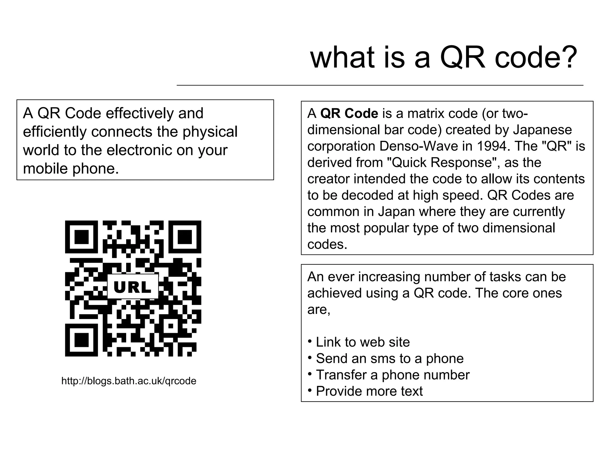 what is a QR code? A  QR Code  is a matrix code (or two-dimensional bar code) created by Japanese corporation Denso-Wave in 1994. The &quot;QR&quot; is derived from &quot;Quick Response&quot;, as the creator intended the code to allow its contents to be decoded at high speed. QR Codes are common in Japan where they are currently the most popular type of two dimensional codes.  An ever increasing number of tasks can be achieved using a QR code. The core ones are, Link to web site Send an sms to a phone Transfer a phone number Provide more text http://blogs.bath.ac.uk/qrcode A QR Code effectively and efficiently connects the physical world to the electronic on your mobile phone.  URL 