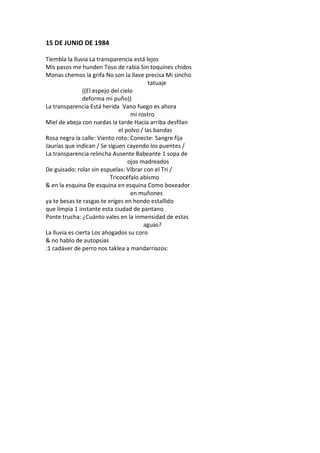 15 DE JUNIO DE 1984

Tiembla la lluvia La transparencia está lejos
Mis pasos me hunden Toso de rabia Sin toquines chidos
Monas chemos la grifa No son la llave precisa Mi sincho
                                            tatuaje
                ((El espejo del cielo
                deforma mi puño))
La transparencia Está herida Vano fuego es ahora
                                    mi rostro
Miel de abeja con ruedas la tarde Hacia arriba desfilan
                               el polvo / las bandas
Rosa negra la calle: Viento roto: Conecte: Sangre fija
Jaurías que indican / Se siguen cayendo los puentes /
La transparencia relincha Ausente Babeante 1 sopa de
                                   ojos madreados
De guisado: rolar sin espuelas: Vibrar con el Tri /
                           Tricocéfalo abismo
& en la esquina De esquina en esquina Como boxeador
                                    en muñones
ya te besas te rasgas te eriges en hondo estallido
que limpia 1 instante esta ciudad de pantano
Ponte trucha: ¿Cuánto vales en la inmensidad de estas
                                         aguas?
La lluvia es cierta Los ahogados su coro
& no hablo de autopsias
:1 cadáver de perro nos taklea a mandarriazos:
 