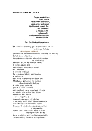 EN EL ZAGUÁN DE LAS NUBES

                           Porque todos somos,
                                   todos somos,
                      todos somos los hijos de,
                      todos somos los hijos de
                    1 brillante & colorida flor,
                              1 flor llameante
                              & no hay nadie
                                 no hay nadie
                    que lamente lo que somos
                             Canción huichola

              Para Patricia Rodríguez Acosta

Mi patria es este cacto jugoso que arranco de la boca
                                misma del desierto
           :: Lophophora Williamsii ::
/ Universo de botones floreando las palmas de mis manos /
Salta & danza mi destino
Como 1 perro celebrando la bendición puntual
                            de su alimento
La lengua de Dios me besa con firmeza
& torna & sigue & gira
Devorando el panal de mis pupilas
Está lloviendo
& la huella del diluvio
No es otra que la tierra que hoy piso
A la distancia
Sólo veo el pálpito fruto vivo de mi alma
Mis abuelos -peregrinos- me indican
          el camino / pellizcándome
El sudor de mis moléculas
prende el sueño necesario
para que la intrínseca ceguera de mis pies
no decaiga ni en brújula ni en ánimo
La realidad de la belleza
   ((luciérnaga fugaz))
se posa 1 segundo en mis cabellos
¿Qué viento negro podría romperme el paso
o intentar siquiera cancelar mi canto?
El vientre de mis dientes no deja de masticar
                          su propia pulpa
Vuelo : trino : zureo : aúllo : salpico : preño :
                    me exprimo : me desato
Llevo en mí el eco de 1 impulso insospechable
Simiento lunar / manantial de migraciones
 