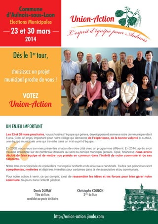 Commune
d’Aulnois-sous-Laon
Elections Municipales

L 'esprit d 'équipe pour Aulnoi

23 et 30 mars
2014

Dès le 1er tour,

...
