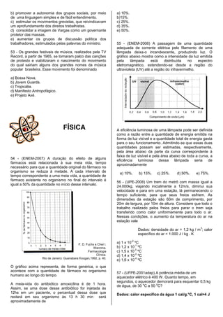 b) promover a autonomia dos grupos sociais, por meio               a) 10%.
de uma linguagem simples e de fácil entendimento.                  b)15%.
c) estimular os movimentos grevistas, que reivindicavam            c) 25%.
um aprofundamento dos direitos trabalhistas.                       d) 35%.
d) consolidar a imagem de Vargas como um governante                e) 50%.
protetor das massas.
e) aumentar os grupos de discussão política dos
trabalhadores, estimulados pelas palavras do ministro.             55 - (ENEM-2008) A passagem de uma quantidade
                                                                   adequada de corrente elétrica pelo filamento de uma
53 - Os grandes festivais de música, realizados pela TV            lâmpada deixa-o incandescente, produzindo luz. O
Record, a partir de 1965, se tornaram palco das canções            gráfico abaixo mostra como a intensidade da luz emitida
de protesto e viabilizaram o nascimento do movimento               pela     lâmpada      está    distribuída   no   espectro
do qual sairiam alguns dos grandes nomes da música                 eletromagnético, estendendo-se desde a região do
popular brasileira. Esse movimento foi denominado                  ultravioleta (UV) até a região do infravermelho.

a) Bossa Nova.
b) Jovem Guarda.
c) Tropicália.
d) Manifesto Antropofágico.
e) Projeto Axé.




                                 FÍSICA                            A eficiência luminosa de uma lâmpada pode ser definida
                                                                   como a razão entre a quantidade de energia emitida na
                                                                   forma de luz visível e a quantidade total de energia gasta
                                                                   para o seu funcionamento. Admitindo-se que essas duas
                                                                   quantidades possam ser estimadas, respectivamente,
                                                                   pela área abaixo da parte da curva correspondente à
                                                                   faixa de luz visível e pela área abaixo de toda a curva, a
54 - (ENEM-2007) A duração do efeito de alguns                     eficiência    luminosa     dessa   lâmpada     seria   de
fármacos está relacionada à sua meia vida, tempo                   aproximadamente
necessário para que a quantidade original do fármaco no
organismo se reduza à metade. A cada intervalo de
                                                                    a) 10%.       b) 15%.    c) 25%.    d) 50%.    e) 75%.
tempo correspondente a uma meia vida, a quantidade de
fármaco existente no organismo no final do intervalo é
                                                                   56 - (UPE-2008) Um trem do metrô com massa igual a
igual a 50% da quantidade no início desse intervalo.
                                                                   24.000kg, viajando inicialmente a 12m/s, diminui sua
                                                                   velocidade e para em uma estação, lá permanecendo o
                                                                   tempo suficiente, para que seus freios esfriem. As
                                                                   dimensões da estação são 60m de comprimento, por
                                                                   20m de largura, por 10m de altura. Considere que todo o
                                                                   trabalho realizado pelos freios para parar o trem seja
                                                                   transferido como calor uniformemente para todo o ar.
                                                                   Nessas condições, o aumento da temperatura do ar na
                                                                   estação vale
                                                                                                                      3
                                                                                  Dados: densidade do ar = 1,2 kg / m ; calor
                                                                                  específico do ar = 1.000 J / kg . K
                                                                             -2
                                           F. D. Fuchs e Cher l.
                                                                   a) 1 x 10 ºC
                                                                              -1
                                                      Wannma.      b) 1,2 x 10 ºC
                                                                              -3
                                                  Farmacologia     c) 1,5 x 10 ºC
                                                        Clínica.              -2
                                                                   d) 1,4 x 10 ºC
                  Rio de Janeiro: Guanabara Koogan,1992, p. 40.               -4
                                                                   e) 1,6 x 10 ºC
O gráfico acima representa, de forma genérica, o que
acontece com a quantidade de fármaco no organismo
                                                                   57 - (UFPE-2001adap) A potência média de um
humano ao longo do tempo.
                                                                   aquecedor elétrico é 400 W. Quanto tempo, em
                                                                   segundos, o aquecedor demorará para esquentar 0,5 kg
A meia-vida do antibiótico amoxicilina é de 1 hora.                               o       o
                                                                   de água, de 30 C a 50 C?
Assim, se uma dose desse antibiótico for injetada às
12hs em um paciente, o percentual dessa dose que                   Dados: calor específico da água 1 cal/g.°C, 1 cal=4 J
restará em seu organismo às 13 h 30 min será
aproximadamente de
 