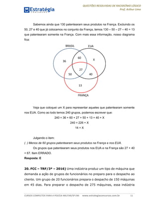 QUESTÕES RESOLVIDAS DE RACIOCÍNIO LÓGICO
Prof. Arthur Lima
CURSOS COMPLETOS PARA A POLÍCIA MILITAR/SP EM: www.estrategiaconcursos.com.br 11
Sabemos ainda que 130 patentearam seus produtos na França. Excluindo os
50, 27 e 40 que já colocamos no conjunto da França, temos 130 – 50 – 27 – 40 = 13
que patentearam somente na França. Com mais essa informação, nosso diagrama
fica:
Veja que coloquei um X para representar aqueles que patentearam somente
nos EUA. Como ao todo temos 240 grupos, podemos escrever que:
240 = 36 + 60 + 27 + 50 + 13 + 40 + X
240 = 226 + X
14 = X
Julgando o item:
( ) Menos de 60 grupos patentearam seus produtos na França e nos EUA.
Os grupos que patentearam seus produtos nos EUA e na França são 27 + 40
= 67. Item ERRADO.
Resposta: E
20. FCC – TRF/3ª – 2016) Uma indústria produz um tipo de máquina que
demanda a ação de grupos de funcionários no preparo para o despacho ao
cliente. Um grupo de 20 funcionários prepara o despacho de 150 máquinas
em 45 dias. Para preparar o despacho de 275 máquinas, essa indústria
 