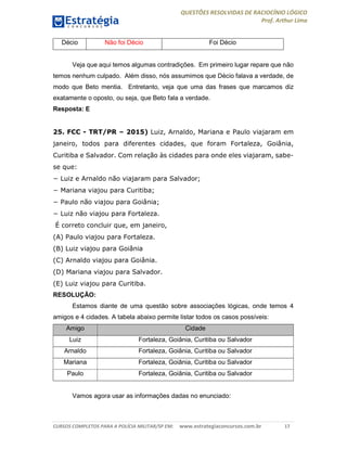 QUESTÕES RESOLVIDAS DE RACIOCÍNIO LÓGICO
Prof. Arthur Lima
CURSOS COMPLETOS PARA A POLÍCIA MILITAR/SP EM: www.estrategiaconcursos.com.br 17
Décio Não foi Décio Foi Décio
Veja que aqui temos algumas contradições. Em primeiro lugar repare que não
temos nenhum culpado. Além disso, nós assumimos que Décio falava a verdade, de
modo que Beto mentia. Entretanto, veja que uma das frases que marcamos diz
exatamente o oposto, ou seja, que Beto fala a verdade.
Resposta: E
25. FCC - TRT/PR – 2015) Luiz, Arnaldo, Mariana e Paulo viajaram em
janeiro, todos para diferentes cidades, que foram Fortaleza, Goiânia,
Curitiba e Salvador. Com relação às cidades para onde eles viajaram, sabe-
se que:
− Luiz e Arnaldo não viajaram para Salvador;
− Mariana viajou para Curitiba;
− Paulo não viajou para Goiânia;
− Luiz não viajou para Fortaleza.
É correto concluir que, em janeiro,
(A) Paulo viajou para Fortaleza.
(B) Luiz viajou para Goiânia
(C) Arnaldo viajou para Goiânia.
(D) Mariana viajou para Salvador.
(E) Luiz viajou para Curitiba.
RESOLUÇÃO:
Estamos diante de uma questão sobre associações lógicas, onde temos 4
amigos e 4 cidades. A tabela abaixo permite listar todos os casos possíveis:
Amigo Cidade
Luiz Fortaleza, Goiânia, Curitiba ou Salvador
Arnaldo Fortaleza, Goiânia, Curitiba ou Salvador
Mariana Fortaleza, Goiânia, Curitiba ou Salvador
Paulo Fortaleza, Goiânia, Curitiba ou Salvador
Vamos agora usar as informações dadas no enunciado:
 