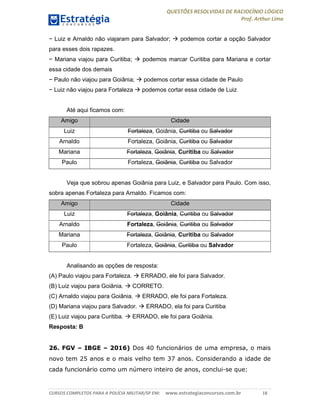 QUESTÕES RESOLVIDAS DE RACIOCÍNIO LÓGICO
Prof. Arthur Lima
CURSOS COMPLETOS PARA A POLÍCIA MILITAR/SP EM: www.estrategiaconcursos.com.br 18
− Luiz e Arnaldo não viajaram para Salvador;  podemos cortar a opção Salvador
para esses dois rapazes.
− Mariana viajou para Curitiba;  podemos marcar Curitiba para Mariana e cortar
essa cidade dos demais
− Paulo não viajou para Goiânia;  podemos cortar essa cidade de Paulo
− Luiz não viajou para Fortaleza  podemos cortar essa cidade de Luiz
Até aqui ficamos com:
Amigo Cidade
Luiz Fortaleza, Goiânia, Curitiba ou Salvador
Arnaldo Fortaleza, Goiânia, Curitiba ou Salvador
Mariana Fortaleza, Goiânia, Curitiba ou Salvador
Paulo Fortaleza, Goiânia, Curitiba ou Salvador
Veja que sobrou apenas Goiânia para Luiz, e Salvador para Paulo. Com isso,
sobra apenas Fortaleza para Arnaldo. Ficamos com:
Amigo Cidade
Luiz Fortaleza, Goiânia, Curitiba ou Salvador
Arnaldo Fortaleza, Goiânia, Curitiba ou Salvador
Mariana Fortaleza, Goiânia, Curitiba ou Salvador
Paulo Fortaleza, Goiânia, Curitiba ou Salvador
Analisando as opções de resposta:
(A) Paulo viajou para Fortaleza.  ERRADO, ele foi para Salvador.
(B) Luiz viajou para Goiânia.  CORRETO.
(C) Arnaldo viajou para Goiânia.  ERRADO, ele foi para Fortaleza.
(D) Mariana viajou para Salvador.  ERRADO, ela foi para Curitiba
(E) Luiz viajou para Curitiba.  ERRADO, ele foi para Goiânia.
Resposta: B
26. FGV – IBGE – 2016) Dos 40 funcionários de uma empresa, o mais
novo tem 25 anos e o mais velho tem 37 anos. Considerando a idade de
cada funcionário como um número inteiro de anos, conclui-se que:
 