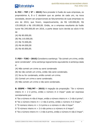 QUESTÕES RESOLVIDAS DE RACIOCÍNIO LÓGICO
Prof. Arthur Lima
CURSOS COMPLETOS PARA A POLÍCIA MILITAR/SP EM: www.estrategiaconcursos.com.br 4
6. FCC – TRT / 9ª – 2015) Para proceder à fusão de suas empresas, os
proprietários A, B e C decidem que as partes de cada um, na nova
sociedade, devem ser proporcionais ao faturamentos de suas empresas no
ano de 2014, que foram, respectivamente, de R$ 120.000,00; R$
135.000,00 e R$ 195.000,00. Então, se a empresa resultante da fusão
lucrar R$ 240.000,00 em 2016, a parte desse lucro devida ao sócio A foi
de
(A) R$ 80.000,00.
(B) R$.110.000,00.
(C) R$ 72.000,00.
(D) R$ 64.000,00
(E) R$ 60.000,00.
7. FGV – TJSC – 2015) Considere a sentença: “Se cometi um crime, então
serei condenado”. Uma sentença logicamente equivalente à sentença dada
é:
(A) Não cometi um crime ou serei condenado
(B) Se não cometi um crime, então não serei condenado.
(C) Se eu for condenado, então cometi um crime.
(D) Cometi um crime e serei condenado.
(E) Não cometi um crime e não serei condenado.
8. CESPE – TRE/MT – 2015) A negação da proposição: “Se o número
inteiro m > 2 é primo, então o número m é ímpar” pode ser expressa
corretamente por
A “Se o número m não é ímpar, então o número inteiro m > 2 não é primo”.
B “Se o número inteiro m > 2 não é primo, então o número m é ímpar”.
C “O número inteiro m > 2 é primo e o número m não é ímpar”
D “O número inteiro m > 2 é não primo e o número m é ímpar”.
E “Se o número inteiro m > 2 não é primo, então o número m não é ímpar”.
 