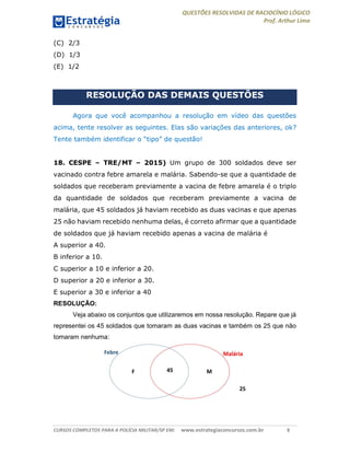 QUESTÕES RESOLVIDAS DE RACIOCÍNIO LÓGICO
Prof. Arthur Lima
CURSOS COMPLETOS PARA A POLÍCIA MILITAR/SP EM: www.estrategiaconcursos.com.br 8
(C) 2/3
(D) 1/3
(E) 1/2
RESOLUÇÃO DAS DEMAIS QUESTÕES
Agora que você acompanhou a resolução em vídeo das questões
acima, tente resolver as seguintes. Elas são variações das anteriores, ok?
Tente também identificar o “tipo” de questão!
18. CESPE – TRE/MT – 2015) Um grupo de 300 soldados deve ser
vacinado contra febre amarela e malária. Sabendo-se que a quantidade de
soldados que receberam previamente a vacina de febre amarela é o triplo
da quantidade de soldados que receberam previamente a vacina de
malária, que 45 soldados já haviam recebido as duas vacinas e que apenas
25 não haviam recebido nenhuma delas, é correto afirmar que a quantidade
de soldados que já haviam recebido apenas a vacina de malária é
A superior a 40.
B inferior a 10.
C superior a 10 e inferior a 20.
D superior a 20 e inferior a 30.
E superior a 30 e inferior a 40
RESOLUÇÃO:
Veja abaixo os conjuntos que utilizaremos em nossa resolução. Repare que já
representei os 45 soldados que tomaram as duas vacinas e também os 25 que não
tomaram nenhuma:
 
