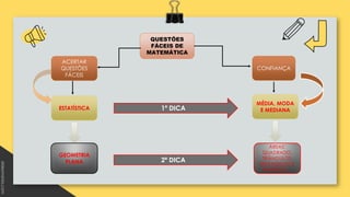 QUESTÕES
FÁCEIS DE
MATEMÁTICA
ACERTAR
QUESTÕES
FÁCEIS
CONFIANÇA
ESTATÍSTICA
MÉDIA, MODA
E MEDIANA
1ª DICA
GEOMETRIA
PLANA
ÁREAS:
QUADRADO,
TRIÂNGULOS,
RETÂNGULOS E
TRAPÉZIOS ...
2ª DICA
 