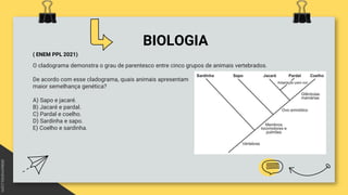 BIOLOGIA
( ENEM PPL 2021)
O cladograma demonstra o grau de parentesco entre cinco grupos de animais vertebrados.
De acordo com esse cladograma, quais animais apresentam
maior semelhança genética?
A) Sapo e jacaré.
B) Jacaré e pardal.
C) Pardal e coelho.
D) Sardinha e sapo.
E) Coelho e sardinha.
 